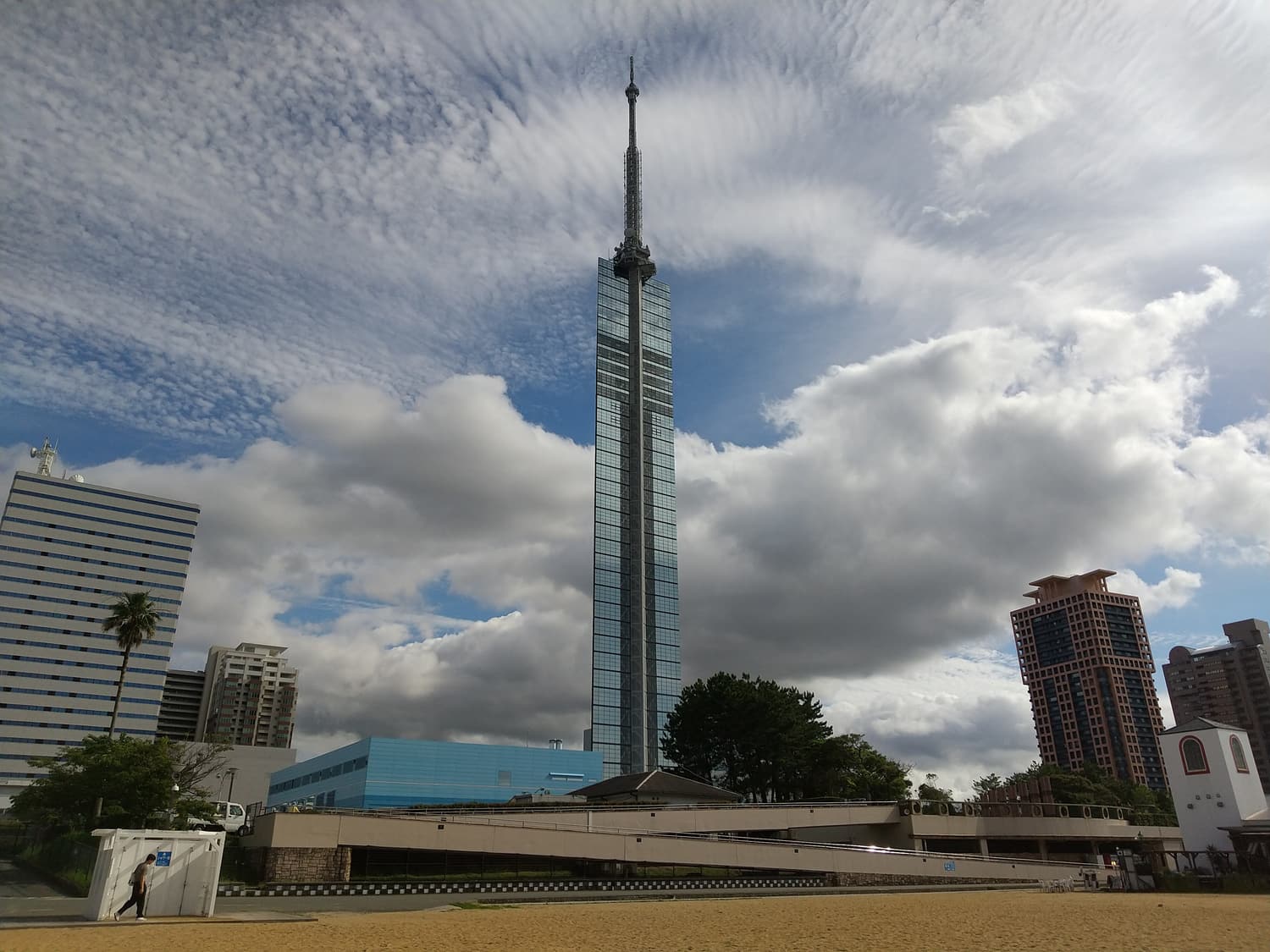 Fukuoka Tower rising above the beach at Seaside Momochi