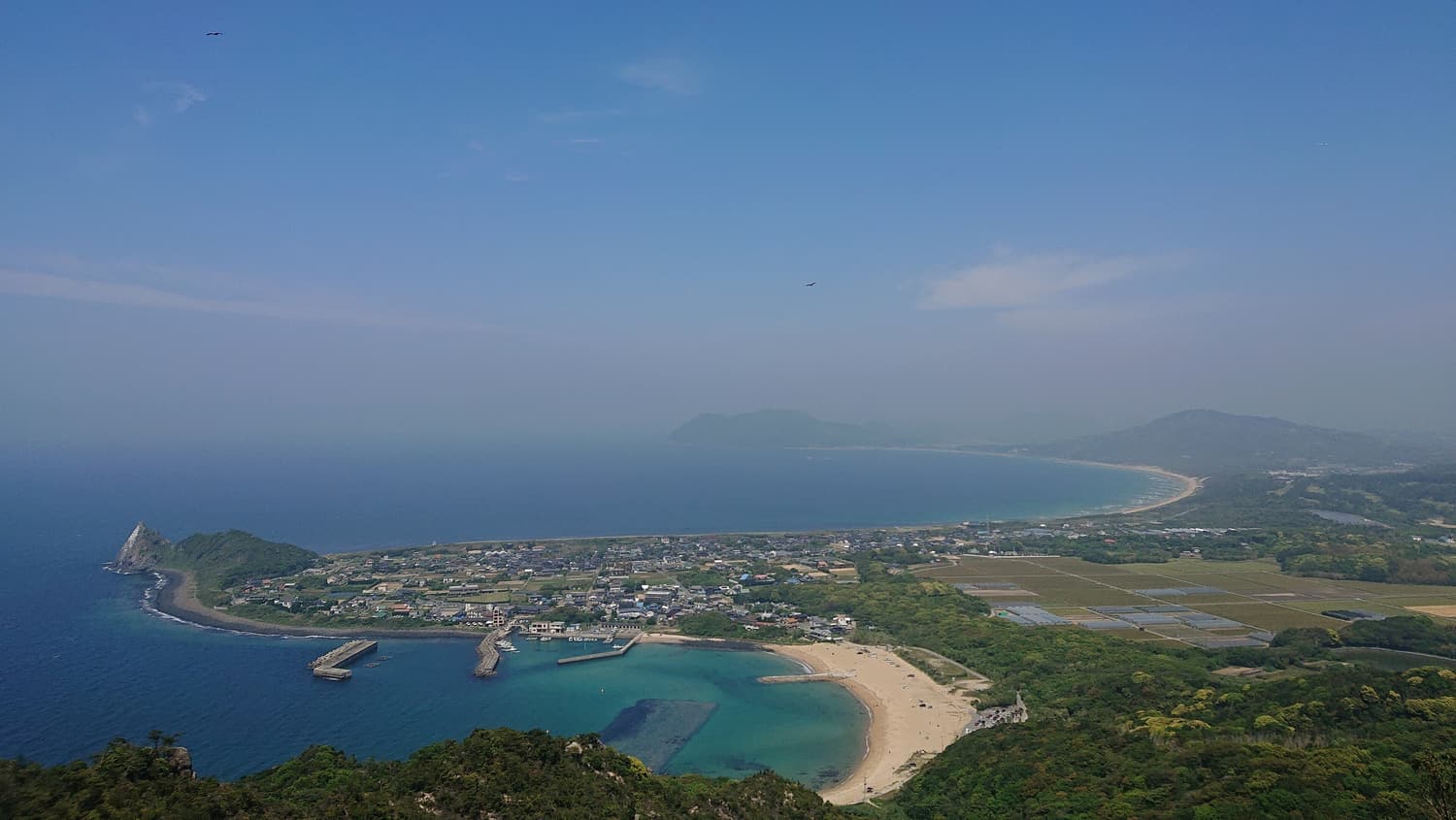 View from Tateishi-yama over Keya beach, the harbour and the coast of Itoshima